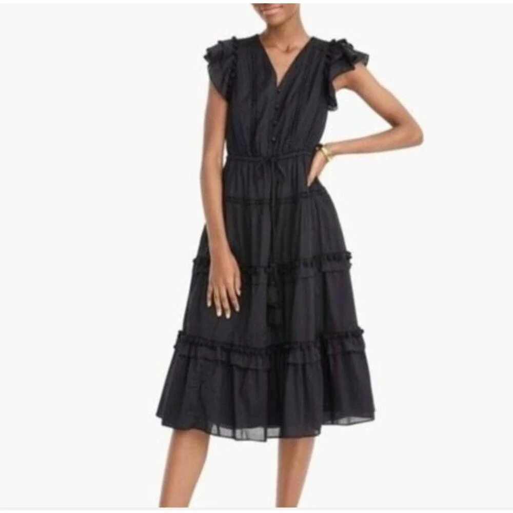 NWT J.Crew Pom-pom Midi in Black Cotton Voile Tiered Dress Size 0 $128 Worn Once